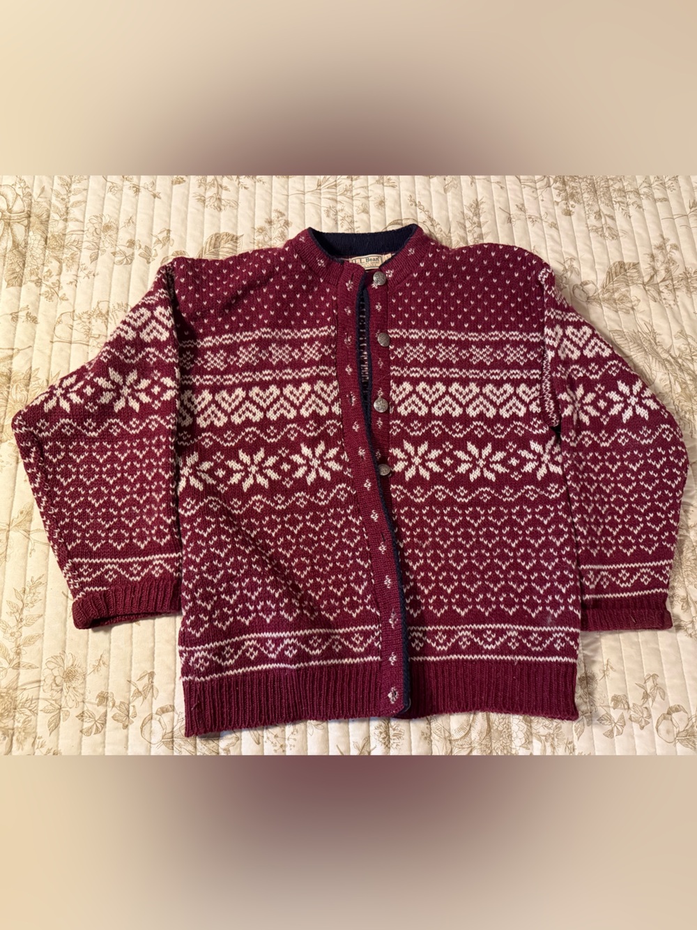 L.L. Bean Burgundy and White Fair Isle Button Cardigan